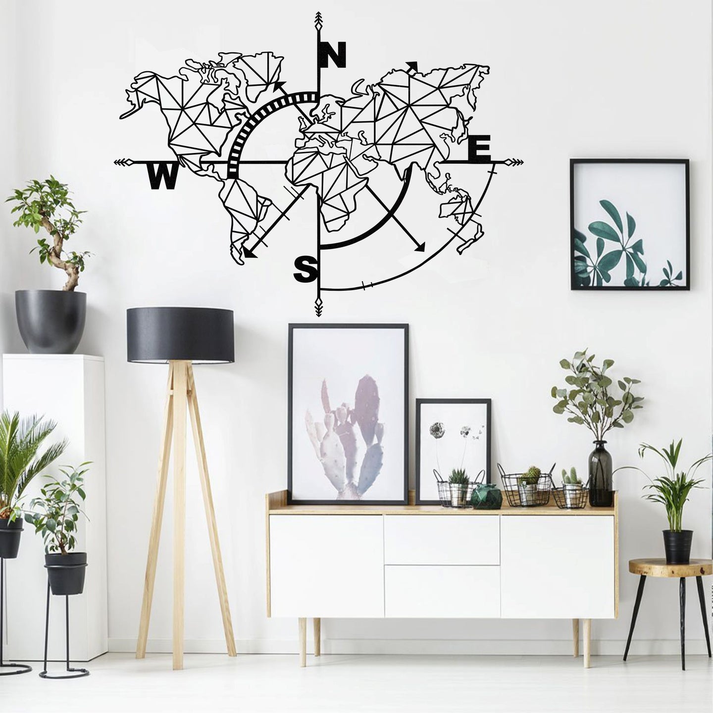 Geometrik Pusula Dünya Haritası Metal Duvar Dekoru